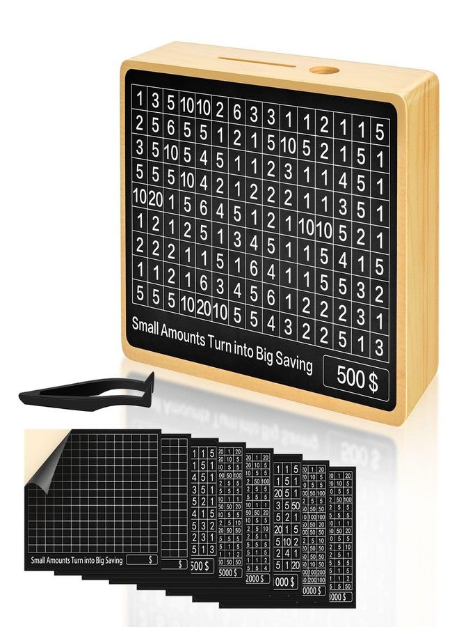 Flexzion Wooden Cash Saving Money Box - 10k Money Save Challenge Piggy Bank with 8 Saver Targets - Cash Vault Wooden Savings Box 10000 5000 3000 2000 1000 500 - Image 1